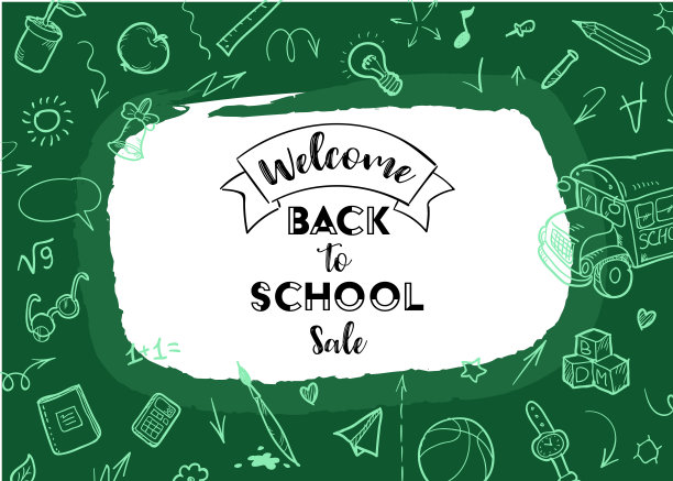 回到学校背景。横幅与纹理从线条艺术图标的教育，科学对象和办公用品的绿色背景。排版设计，标志图片下载