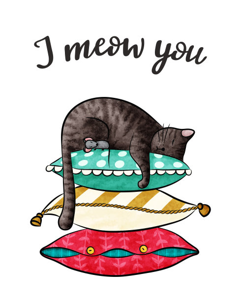 我喵喵你贺卡可爱的灰色的猫和小老鼠在五颜六色的枕头上。快乐的动物印在贺卡、海报、横幅、t恤上。矢量股票插图孤立在白色背景图片下载