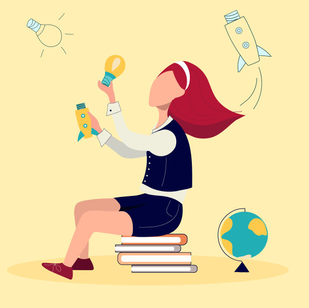 重返校园的概念。坐在学校物品和地球中间的聪明女孩。让回家的任务。卡通平的风格。矢量图图片下载