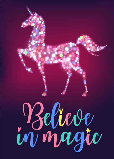 矢量插图的独角兽剪影的闪光在深紫色的背景。相信魔法的口号。字体设计海报。明信片。图片下载