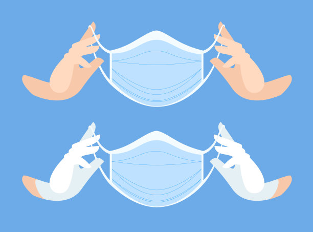 戴着干净和白色手套的手戴医用口罩。防护口罩，防止病毒和细菌。专业的医疗护理配件。平面向量。图片下载