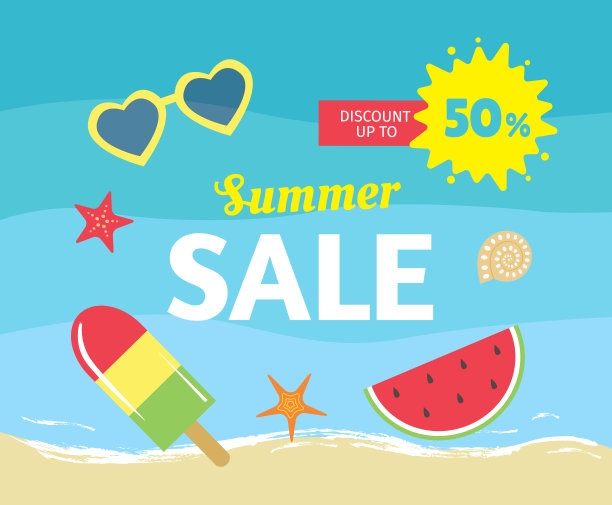 可爱的夏季促销横幅或传单模板与不同的项目，如冰淇淋，西瓜片，海星和太阳镜的海滩背景。折扣高达50%。——矢量图片下载