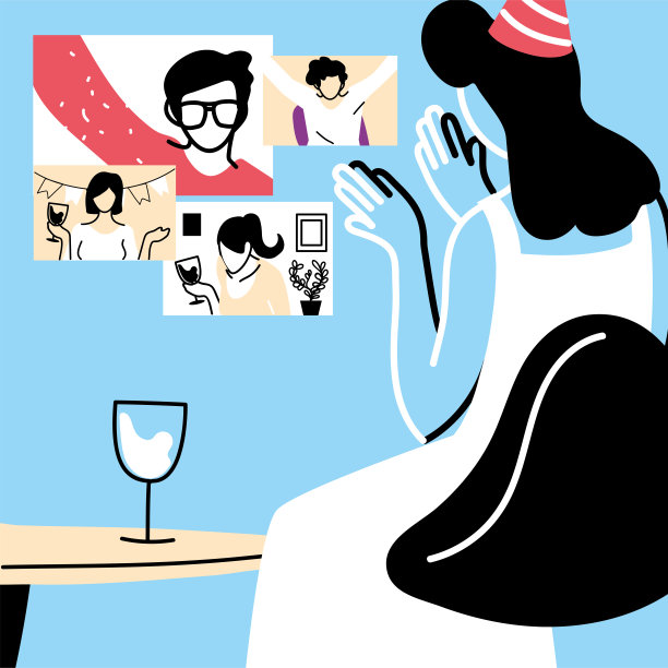 女人与派对帽子和屏幕在视频聊天矢量设计图片下载