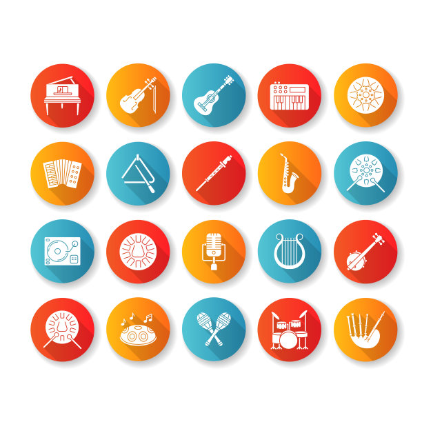 古典乐器平面设计长影字形图标集图片下载