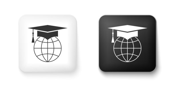 黑白毕业帽上的地球仪图标隔离在白色背景上。世界教育的象征。在线学习或电子学习的概念。方形按钮。向量图片下载