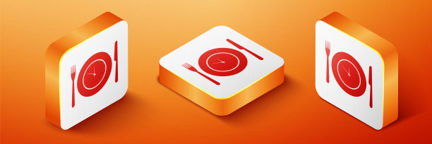 等距板与时钟，叉和刀图标隔离在橙色背景。午餐时间。饮食，营养制度，用餐时间和饮食观念。橙色方形按钮。向量图片下载