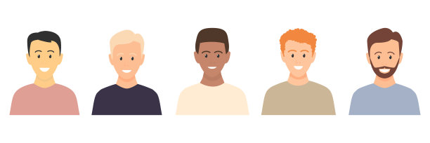 多文化的快乐的年轻人设置。人们各种各样的种族。男性白种人，欧洲人，非洲人，亚洲人媒介隔离在白色。一组多民族人像。一组商人的化身。图片下载