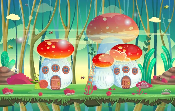 游戏和移动应用的背景。有蘑菇屋的森林。矢量插图。图片下载