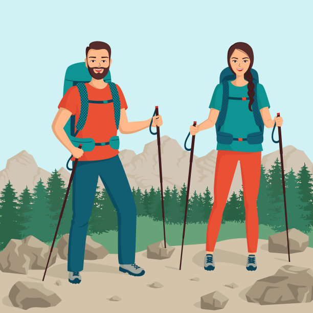 年轻快乐的家庭游客背着背包。健康户外活动的概念。徒步旅行、远足、徒步旅行。卡通矢量插图。图片下载