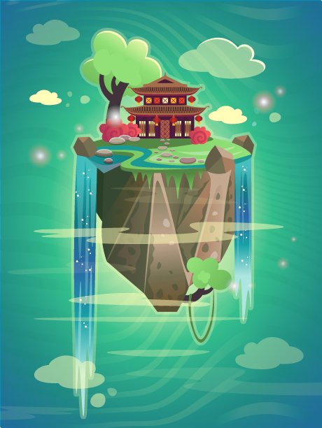 山上有瀑布的中国宝塔。卡通矢量插图。游戏背景。图片下载