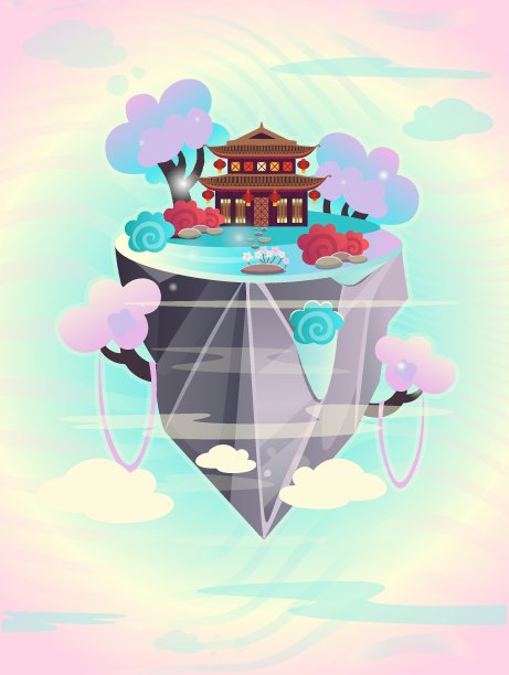 一座春天山上的中国宝塔。卡通矢量插图。游戏背景。图片下载