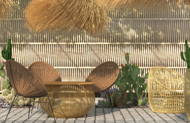 餐厅或咖啡馆的开放夏季露台内部装饰着木质立面的背景，藤条家具和茅草灯罩。3 d渲染。图片下载