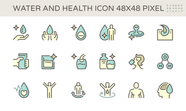 饮水和健康矢量图标集设计，48X48像素完美和可编辑的笔触。图片下载