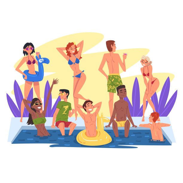 游泳池派对，快乐的年轻男人和女人有户外的乐趣，人们漂浮在橡胶环上，跳舞，喝鸡尾酒卡通风格矢量插图图片下载