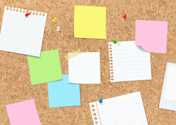 便条纸、贴纸贴在软木板上图片下载