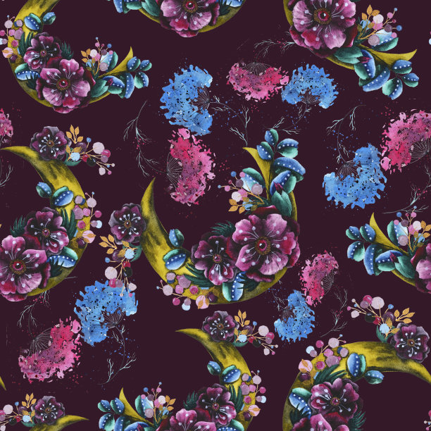 水彩复古无缝模式与月亮，玫瑰，球果，云杉树枝，野花和浆果在白色的背景，冬天图片下载