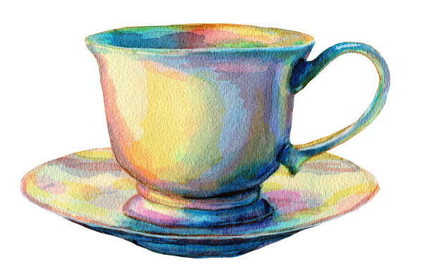 彩色水彩茶杯和茶碟孤立在白色上。玫瑰色、黄色、蓝色的精致瓷杯盘。适合茶、咖啡、菜单、医药。图片下载