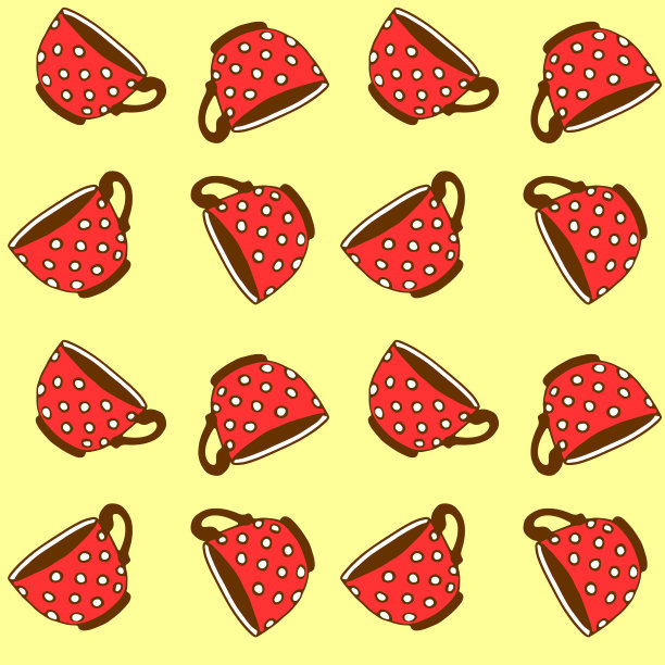 无缝图案与红色圆点杯。矢量背景和纹理与杯子从热饮。手绘厨房用品隔离。完美的包装，家居装饰，纺织，菜单，咖啡馆图片下载