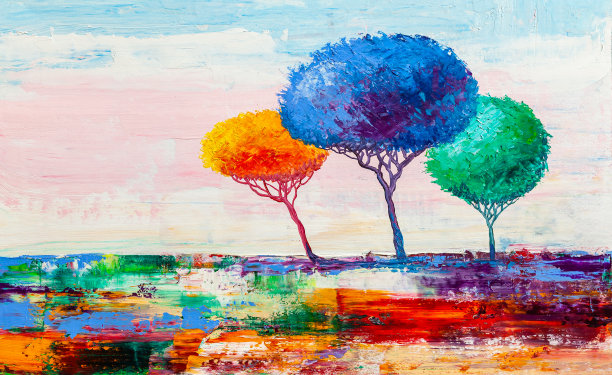 油画风景。丰富多彩的秋天树木。抽象风格。图片下载