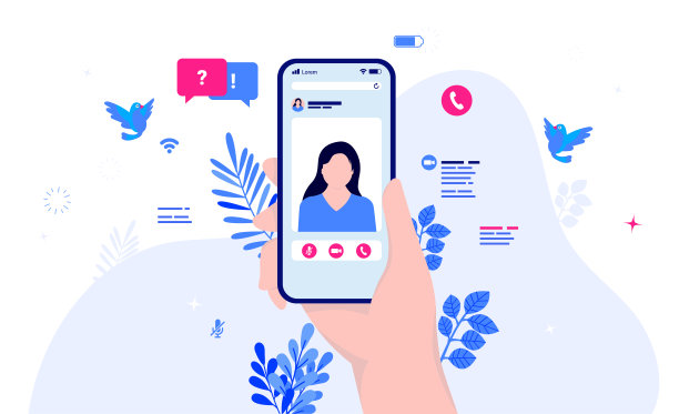 视频通话-手持电话与女性同事的实时流，对话图标和元素在背景。图片下载