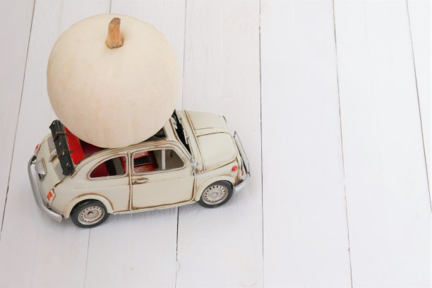 秋天的时间。感恩节的概念。南瓜交付。南瓜作物。白色装饰复古车与白色南瓜在白色木制背景。秋天的季节。装饰秋天背景图片下载