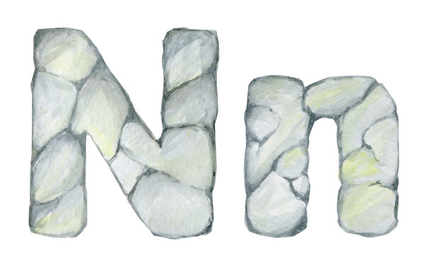 手绘卡通石字母表。水彩插图，在一个孤立的背景，字母N，石头，纹理。图片下载