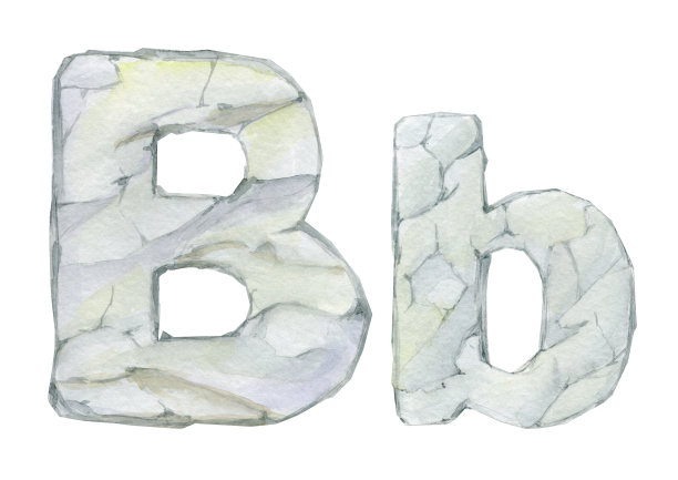手绘卡通石字母表。水彩插图，在一个孤立的背景，字母B，石头，纹理。图片下载
