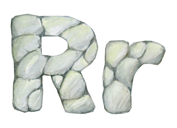 手绘卡通石字母表。水彩插图，在一个孤立的背景，字母R，石头，纹理。图片下载