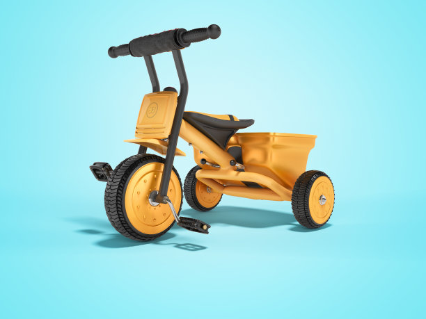 3D渲染橙色儿童三轮车儿童左视图蓝色背景与阴影图片下载