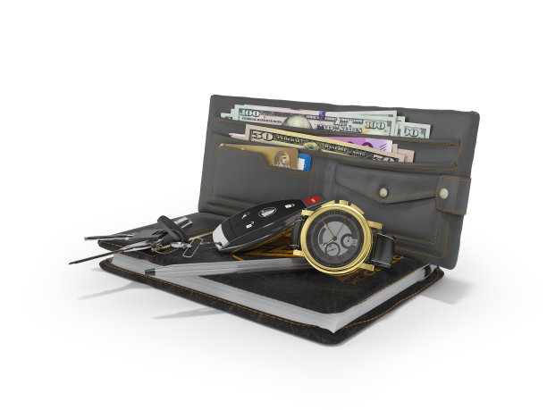 3d渲染业务套装绅士钱包汽车钥匙在白色的背景与阴影图片下载