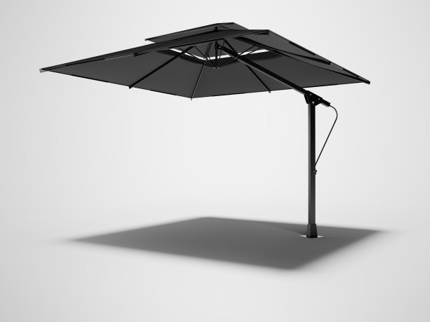 专业的海滩伞为咖啡馆右侧视图3D渲染在灰色背景与阴影图片下载