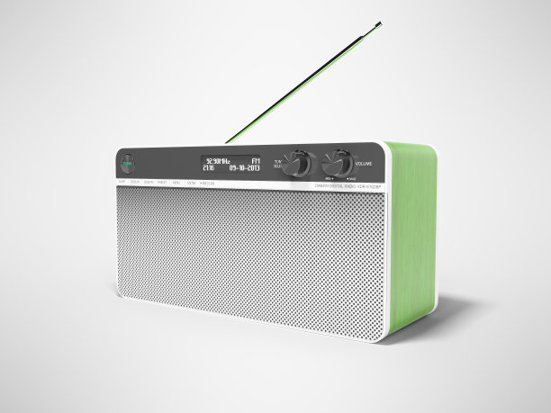 无线电柱与绿色木材插入3D渲染在灰色背景与阴影图片下载