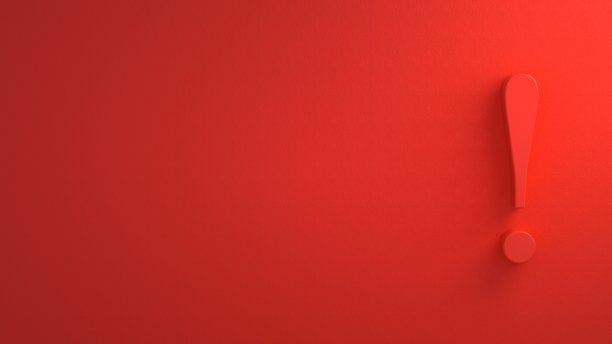 红色感叹号3d插图在红色墙壁的背景与阴影。警示、注意危险概念。三维渲染图片下载