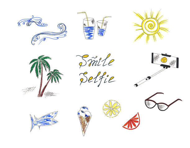 娱乐。组元素。太阳镜，太阳，自拍杆，手掌，饮料，鱼，海浪，柠檬，冰淇淋。涂鸦。图片下载