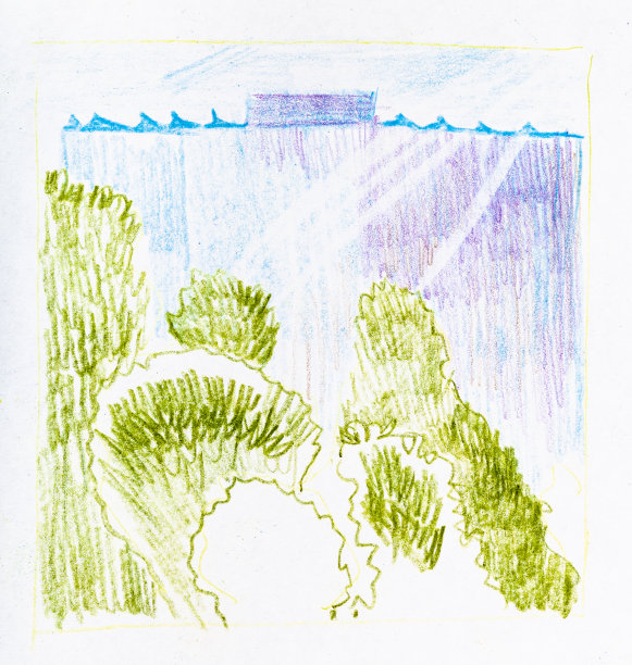 绿树与城市建筑速写图片下载