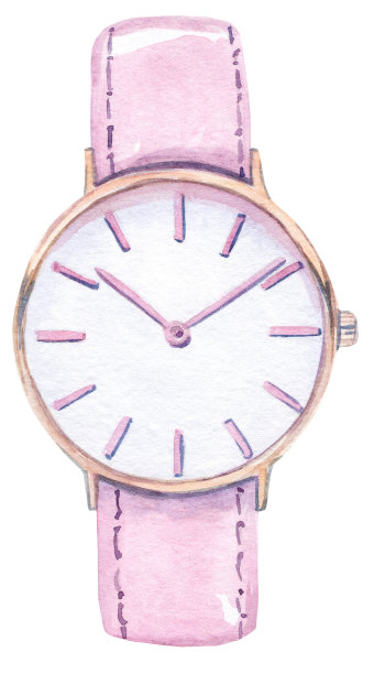 水彩粉色女人腕表与金色箭头孤立在白色背景图片下载