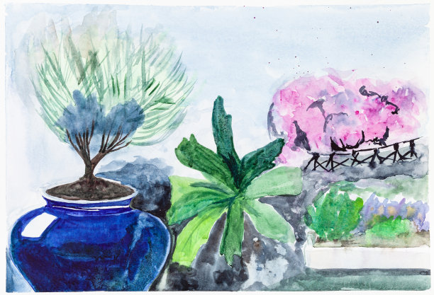 花盆与树和花圃景观图片下载