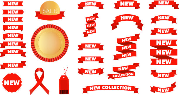 新的红丝带打折销售大集合。最小的销售横幅为网络商店。股票矢量插图在白色孤立的背景。图片下载