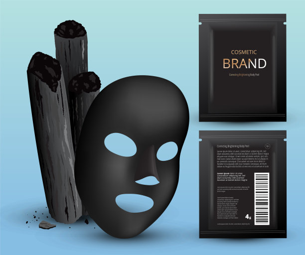 竹炭，黑色面具。化妆品塑料小袋。设计模板。3d现实矢量插图。图片下载
