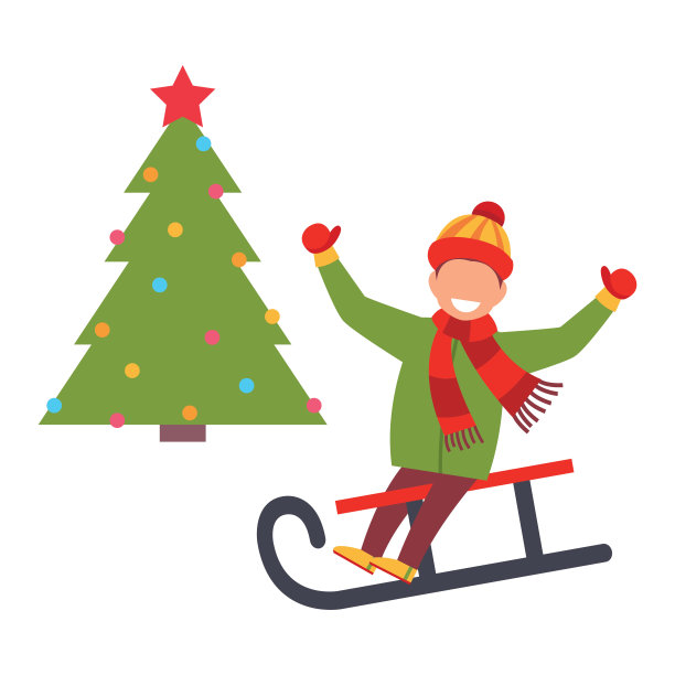 男孩骑着雪橇从山上下来。孩子们的冬天的乐趣。矢量插图卡通风格图片下载