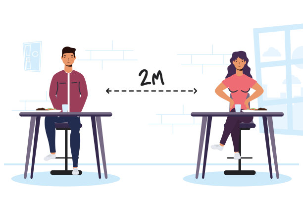 年轻夫妇在餐厅用餐练习社交距离，新冠肺炎的预防方法图片下载
