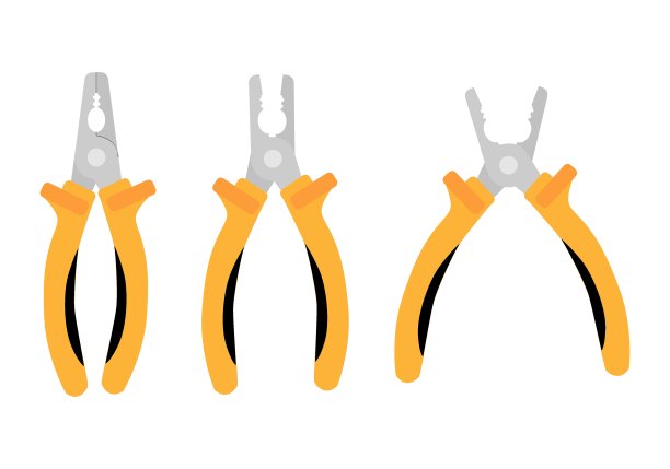 常规钳子工具图标。闭式、半开式和全开式。黄色手柄，粗金属尖或海绵钳。平的插图图片下载