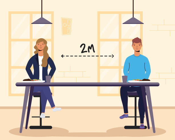 年轻夫妇在餐厅用餐练习社交距离，新冠肺炎的预防方法图片下载