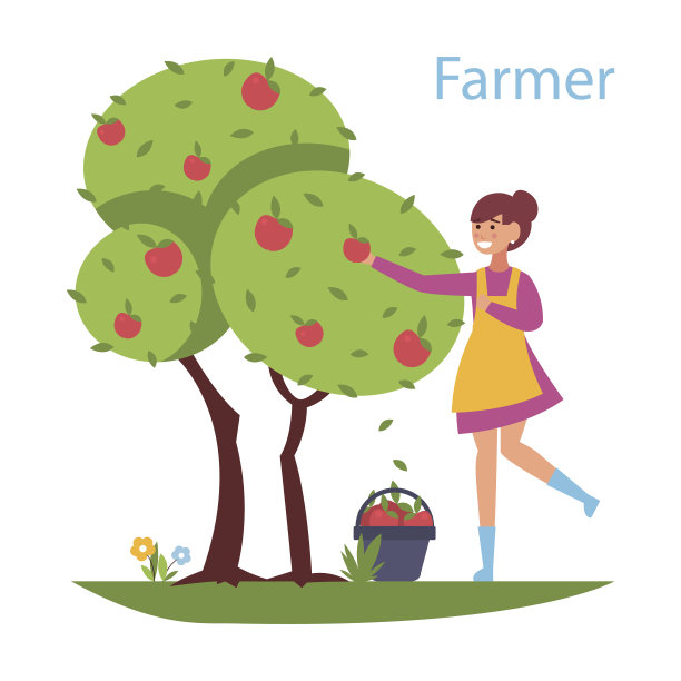 收获的收获-平面设计风格插图。和一个从树上摘苹果的可爱女孩一起作文。高效成功的农业经营理念图片下载