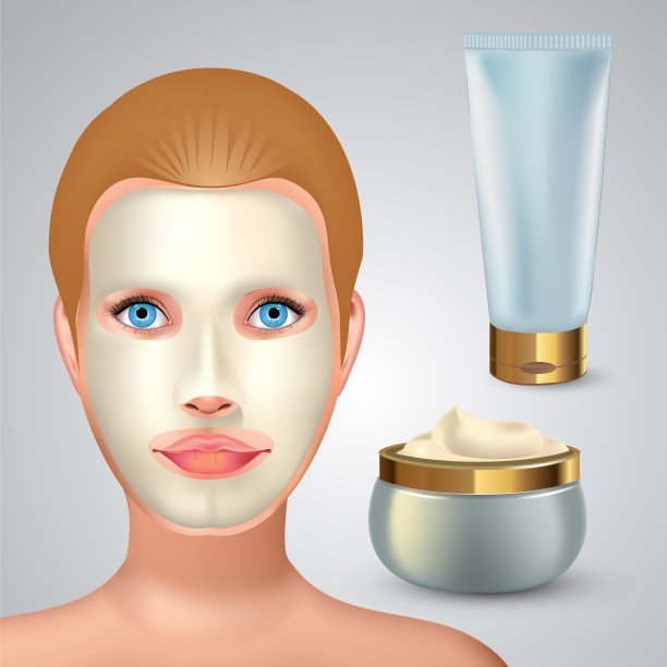 美容时尚女孩敷白色面膜。面膜化妆品包装。面膜包装设计。化妆品管和罐与白色的奶油。图片下载
