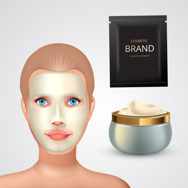 美容时尚女孩敷面膜。面膜化妆品包装。口罩包装设计。现实化妆品香包和罐子与白色霜。图片下载