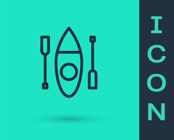 黑线皮艇和桨图标隔离在绿色背景。用于钓鱼和旅游的皮划艇和独木舟。户外活动。向量图片下载