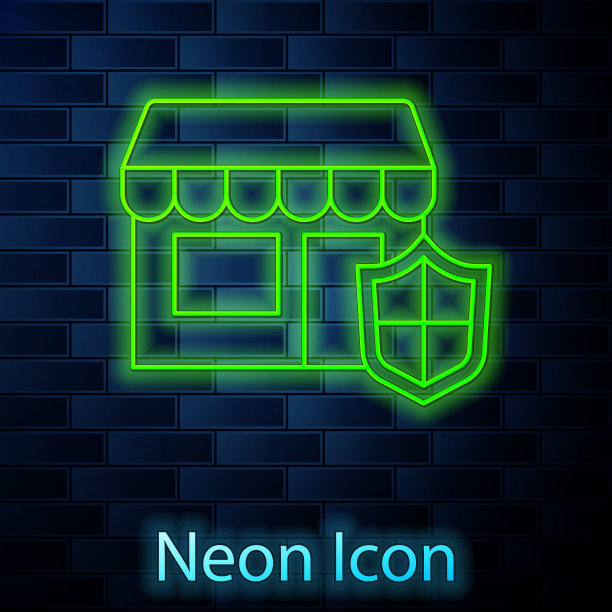 霓虹灯线购物大楼与盾牌图标隔离在砖墙背景。保险的概念。安全、安全、保护、保护理念。向量图片下载