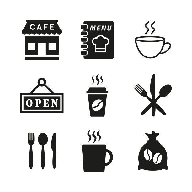 餐厅和咖啡馆图标设置在白色背景图片下载