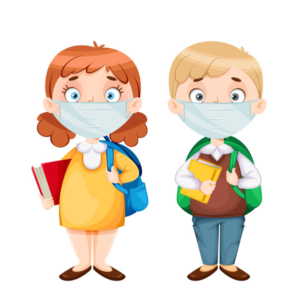 带着医用面具的可爱男女学生图片下载